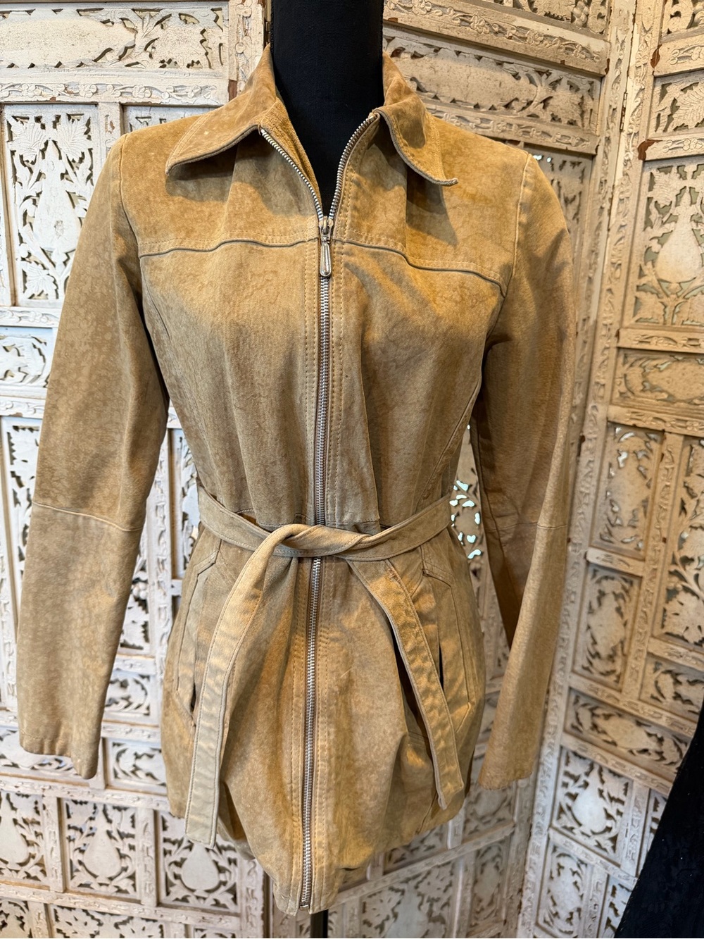 Classic Tan Leather Belted Trench Coat